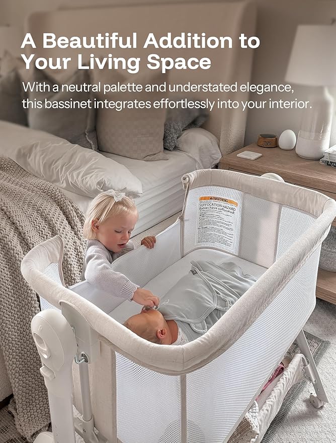 HARPPA Cuddly Baby Bassinet Bedside Sleeper, 3 in 1 Rocking Bassinet with Mattress and Soft Cover, Full Mesh Sides, 5 Height Adjustable with Wheels for Newborns, Grey