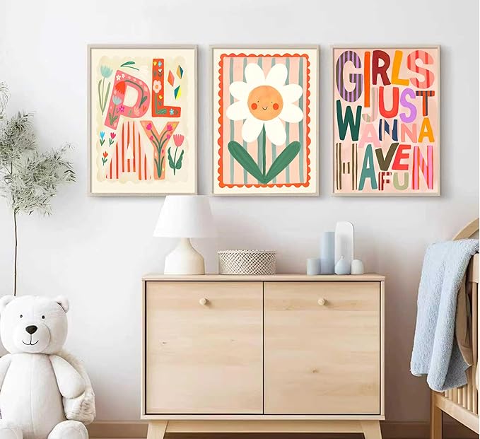 Boho Floral Sun Nursery Wall Art Girls Just Wanna Have Fun Positivity Affirmation Rainbow Print Playroom Classroom Counseling Office wall decor Play Poster for Kids Bedroom, 12x16 Inch, Set of 3