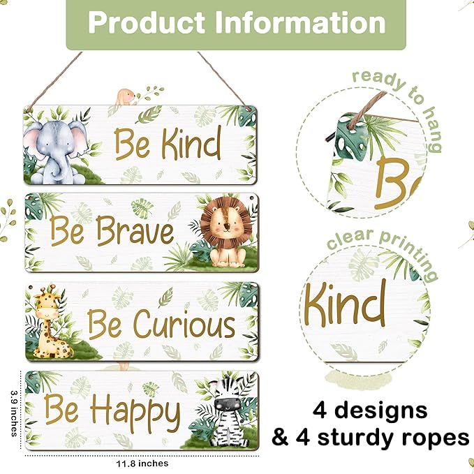 Woodland Nursery Decor, Jungle Safari Animals Boysroom Wall Sign Art, Motivational Bedroom Decorations for Kids Boys, 4 Pieces Wood Sign, 3.9x11.8 In-A04