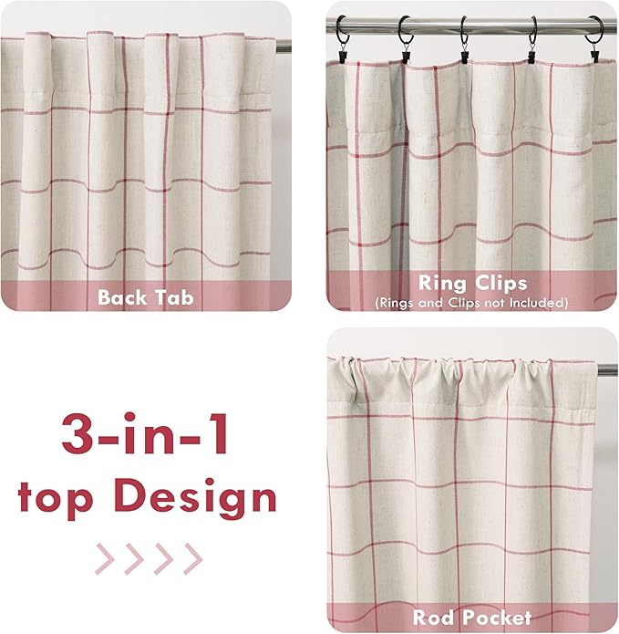 DriftAway 2 Panels 100% Blackout Windowpane Plaid Linen Curtains Double Layer Drapes for Bedroom 102 Inches Long Farmhouse Thermal Insulated 3.25 Inch Rod Pocket Back Tab for Living Room Red
