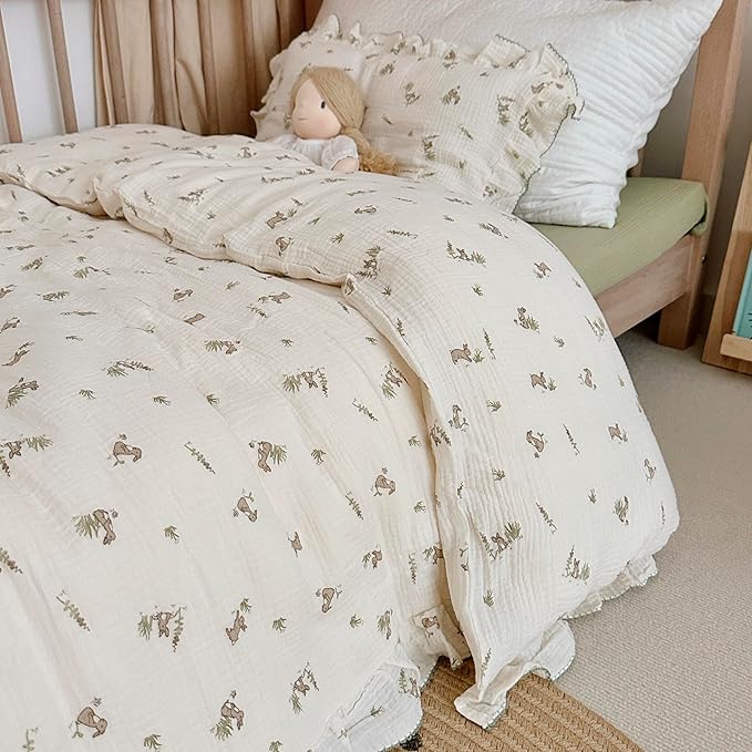 AOJIM Kids Crib Muslin Duvet Cover with Grey Rabbit, 1pc Cotton Baby Toddler Bedding 2-Layer Gauze Comforter Cover 59X79'', Ruffled Design Soft Duvet Protector for Girls Boys, No Quilt or Pillowcases