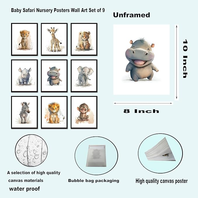 SEHSUVC Safari Nursery Posters Wall Art Set of 9, Cute Animal Canvas Wall Decor Painting, Woodland Jungle Nursery Picture Prints for Baby Boys and Girls Room Nursery Home Decor 8x10In Unframed