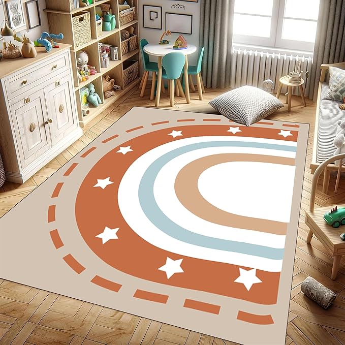 Machine Washable Rainbow Rugs Bedroom Fluffy Plush Soft Area Rugs Star Rainbow Patterns Living Room Non-Slip Indoor Flooring Kids Girls Boys Home Decor Aesthetics 4x6ft