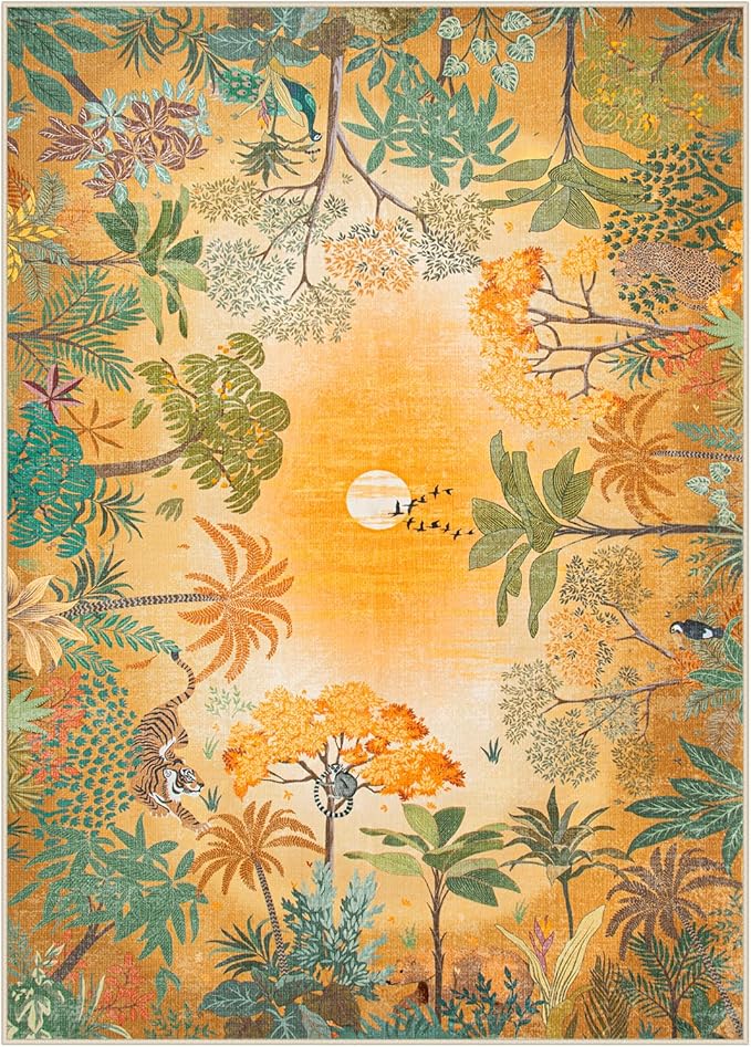 Lahome Fall Jungle 5x7 Autumn Rug for Living Room Bedroom Machine Washable Carpet, Soft Sunset Kids Rugs for Playroom, Forest Rug Non Slip Non Shedding Orange Indoor Carpet for Nursery Office