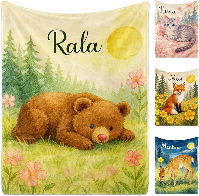 Ship Next Day Personalized Baby Blanket for Kids, Custom Baby Blanket with Name, Super Soft Flannel Blankets, Custom Bear Animal Blankets Baby Gifts for Christmas.