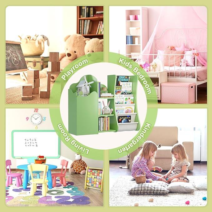 Tree House Kids Bookshelf Toddler Bookcase 4-Tier Baby Book Rack Sling Pocket Cabinet Children Toy Storage Organizer Wood Display Shelf Nursery Playroom Bedroom Classroom Preschool Boy Girl Gift