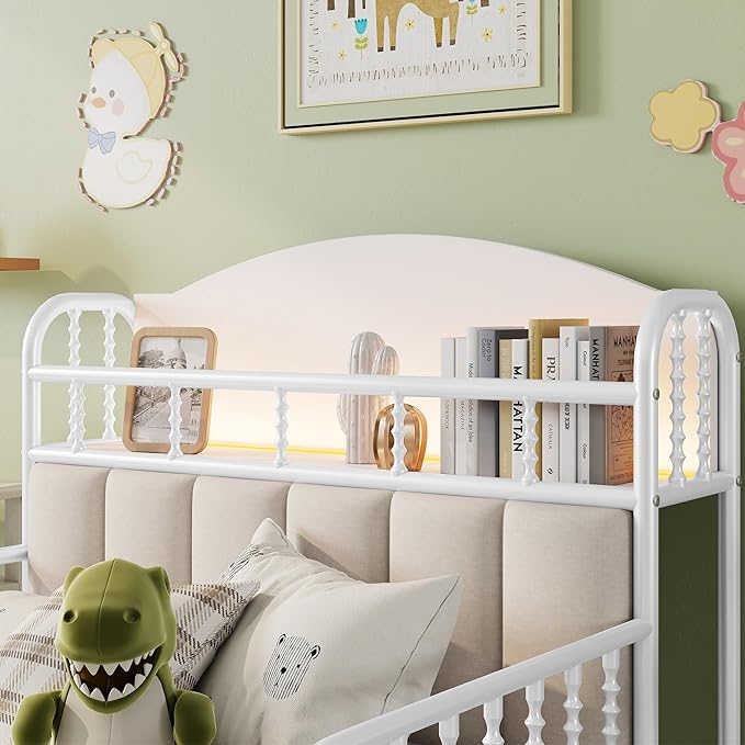 Ball & Cast Twin Size Toddler Bed W/LED Light,Metal Bed W/Linen Fabric Upholstered Storage Headboard,Platform Bed Frame W/Safety Guardrails & Low Profile Design,for Boys Girls,White