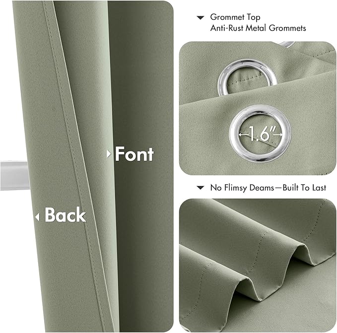 MIULEE Sage Green Blackout Curtains for Bedroom Living Room 64 Inches Long 2 Panels, Thermal Insulated Room Darkening Drapes Solid Grommet Top Noise Reducing Light Green Window Treatments 40x64 Inch