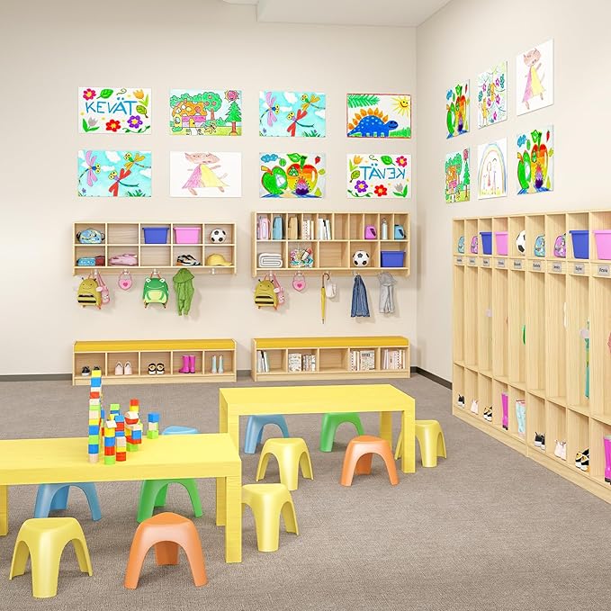 Wall Diaper Organizer for Daycares with Cubby Bench, Wooden Diaper Shelf with 5 Cubbies and 10 Small Storage, Daycare Cubbies for Nursery, Home, School