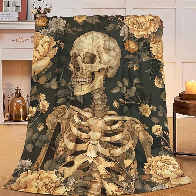 Gothic Skull Blanket Halloween Throw Blanket Spooky Skeleton Bones Flannel Stuff Merch Cozy Decor Fleece Plush Fuzzy Warm Soft Lightweight Bedding Gifts for Women Men Girl Boy Couch 80"X60"