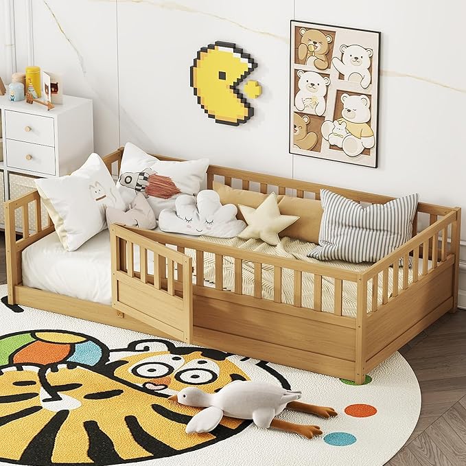 Bellemave Twin Floor Bed with Slats and High Fence, Twin Size Montessori Floor Beds with Door, No Box Spring Needed, Easy Assemble Montessori Bed Frame(Natural Twin)