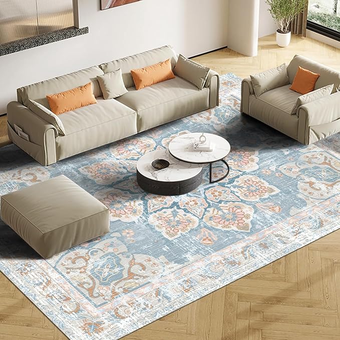 Vhong Washable Boho Area Rugs Vintage Neutral Modern Pale Blue 9x12 Non Slip Large Carpet for Living Room Dining Room Bedroom Farmhouse