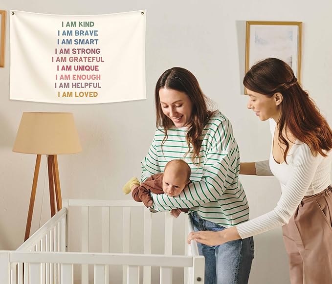 Boho Rectangular Banner Flag Wall Sign Decor Gift for Baby Boy Girl Kids,Positive Nursery Classroom Above Crib Bedroom Playroom Reading Room Essential Wall Decor- Christmas Gift I am Kind I am Brave