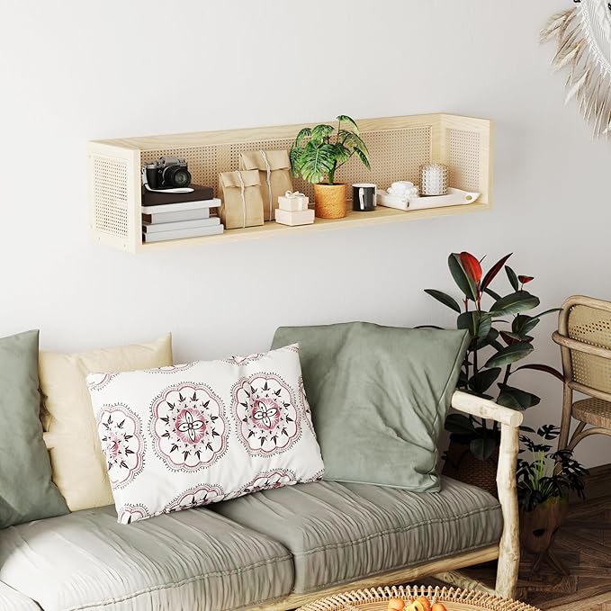 Rattan Wall Shelf - 36 Inch Long Natural Pine Wood Floating Wicker Shelf for Neutral Nursery Decor and Living Room, Bedroom