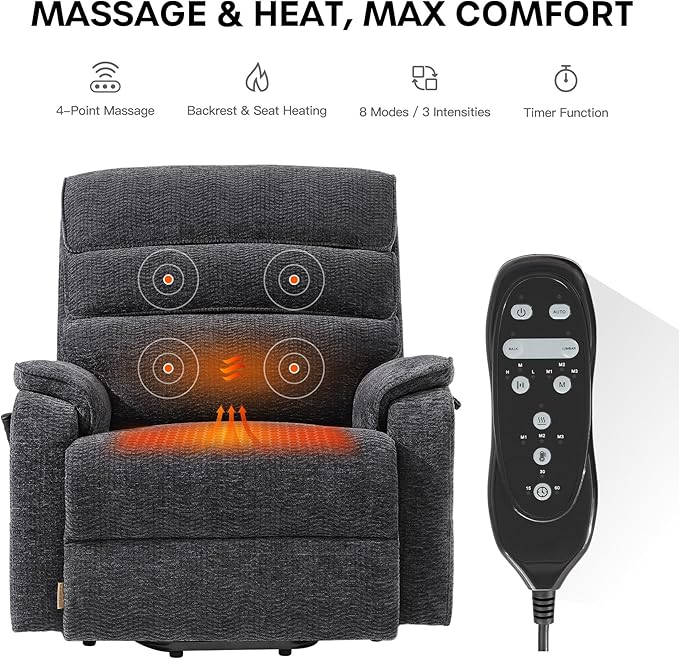 DYNOX Big Man Lift Chair 500lbs Extra Large Wide Lift Recliner Oversized Tri-Motor Power Lift Chair for Elderly,Heat Massage,Infinite Positions(9398,Chenille,Grey)