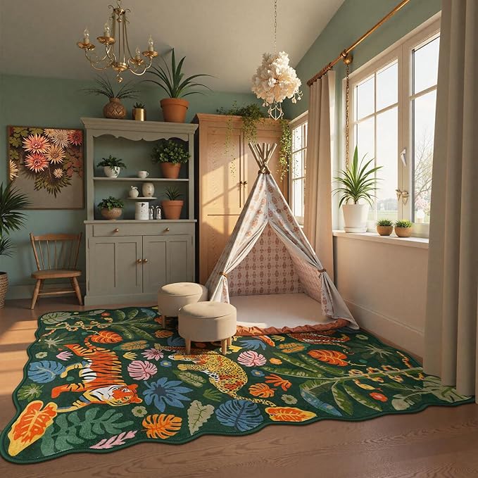 LEEVAN 5x7 Animal Area Rugs Washable Green Tiger Living Room Rugs Non Slip Scalloped Tiger Bedroom Rug Low Pile Leopard Nursery Floor Carpet Jungle Leaf Print Kids Rug