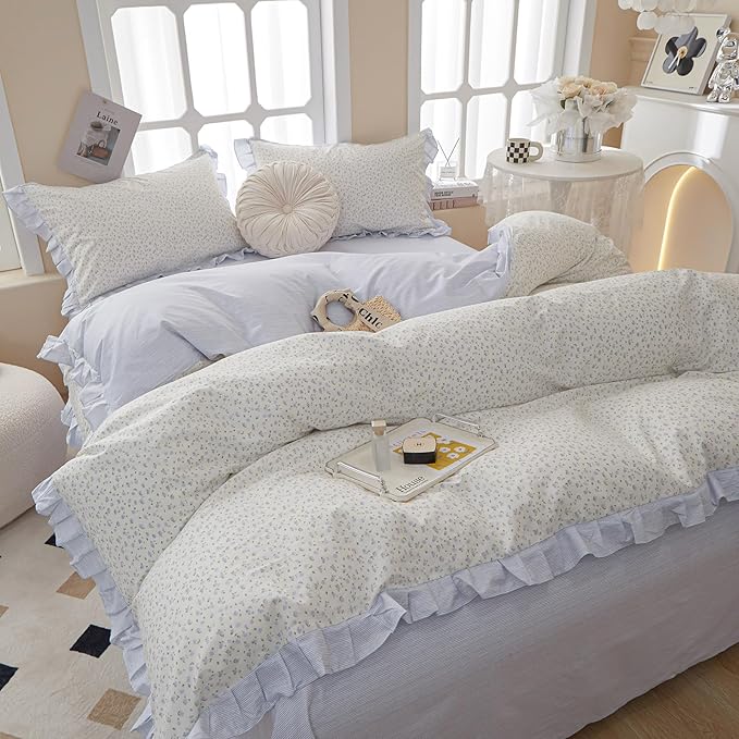 Ruffle Floral Duvet Cover Full Chic Vintage Blue Flower Duvet Cover Girls Romantic Lace Comforter Cover Cotton Floral Botanical Bedding Cover Cottagecore Flower Comforter Cover with 2 Pillowcases