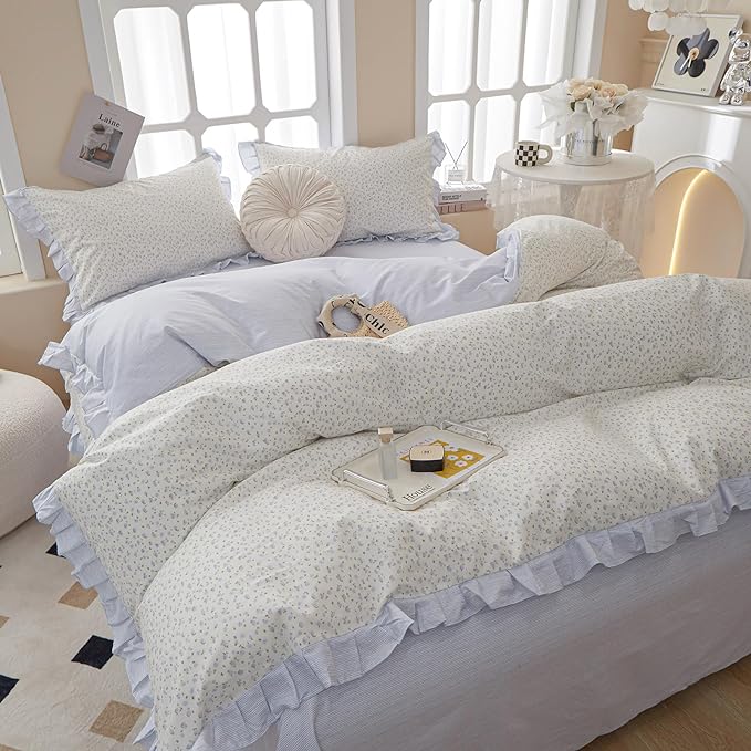 Garden Style Lace Duvet Cover Cute Blue Flower Print Ruffle Duvet Cover Twin Cotton Blue Striped Girls Floral Comforter Cover Lace Princess Bedding Set Vintage Floral Bedding Duvet Cover with Zipper