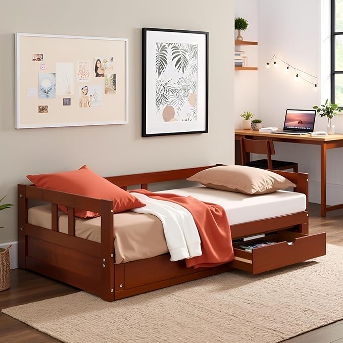 Melody Twin to King Extendable Daybed with Trundle and Storage Drawers – Solid Brazilian Pine Wood Guest Bed with 400lb Capacity for Kids, Teens, or Adults by Aalaterre Furniture (Chestnut Finish)
