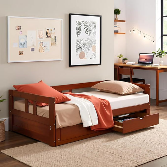 Melody Twin to King Extendable Daybed with Trundle and Storage Drawers – Solid Brazilian Pine Wood Guest Bed with 400lb Capacity for Kids, Teens, or Adults by Aalaterre Furniture (Chestnut Finish)