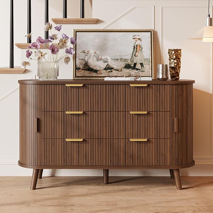 Fluted 6 Drawers Dresser, 55'' Wide Mid Century Modern Chest of Drawers with Sliding Door & Metal Handles, Curved Profile & Sturdy Legs, Wood TV Stand for Bedroom, Living Room (Walnut)
