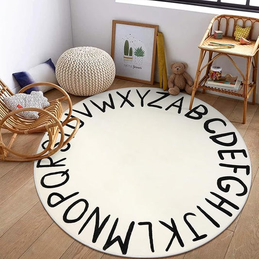 LIVEBOX Round ABC Play Room Rug for Kids, Alphabet Nursery Rug for Boys Girls, Circle Area Rug for Playroom, Machine Washable Rug Educational Crawling Mat for Children Classroom Toy Room(71",Black)