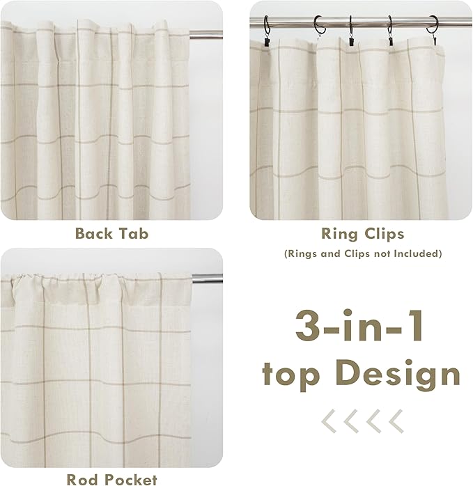 DriftAway 2 Panels 100% Blackout Windowpane Plaid Linen Curtains Double Layer Drapes for Bedroom 63 Inches Long Farmhouse Thermal Insulated 3.25 Inch Rod Pocket Back Tab for Living Room Taupe