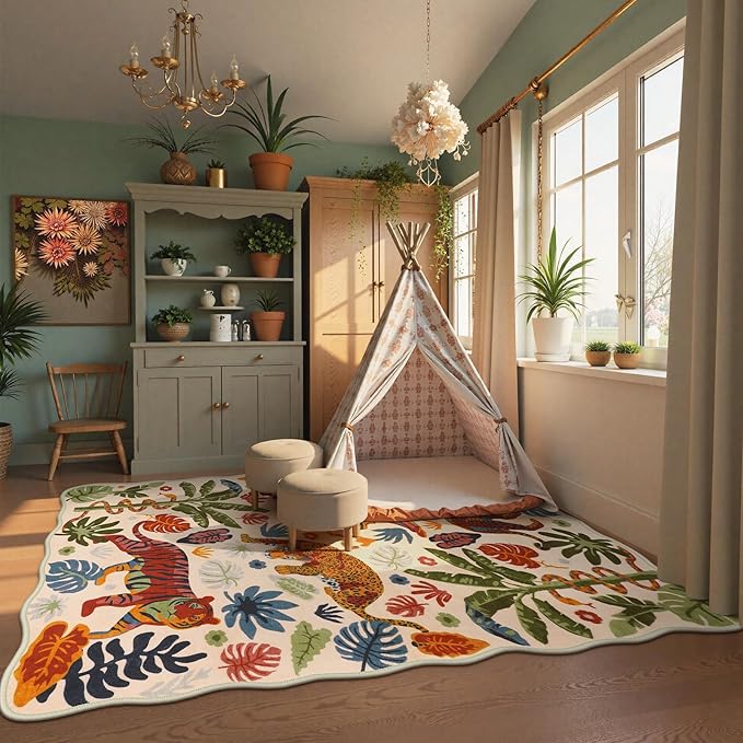 LEEVAN 5x7 Animal Area Rugs Washable Beige Tiger Living Room Rugs Non Slip Scalloped Tiger Bedroom Rug Low Pile Leopard Nursery Floor Carpet Jungle Leaf Print Kids Rug