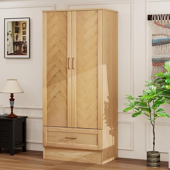 Solid Wood Armoire:Wardrobe Closet with Drawers and Hanging Rod,Storage Cabinet Clothes Organizer for Bedroom Original Wood Color