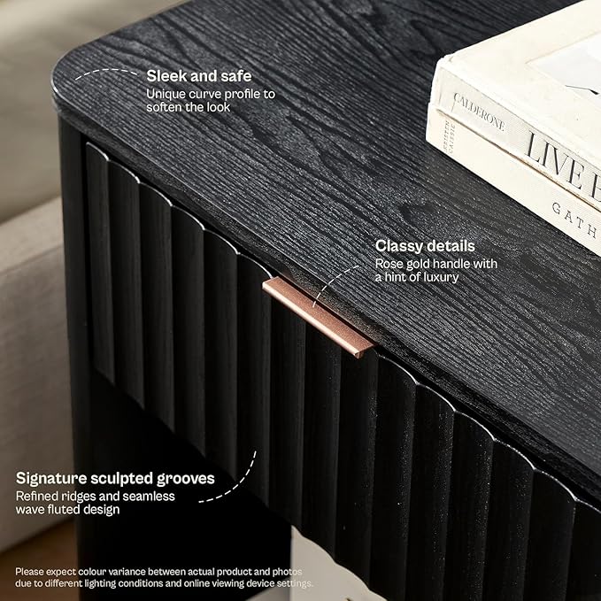 mopio Brooklyn Fluted Nightstand, Modern Farmhouse Nightstand, Small Side, Wood Bedside Table with Drawer, End Table with Storage, Fluted Night Stand, Curved Profile (Black Oak, Single)