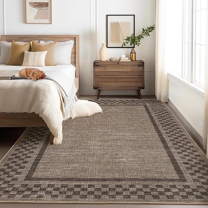 GarveeHome Area Rug 10x13 Living Room Rug Modern Bordered Soft Large Area Rugs for Bedroom Washable Checkered Dining Room Throw Carpet Non Slip Stain Resistant Geometric Rugs for Home Office, Brown