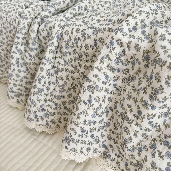 BuLuTu Cotton Muslin Toddler Blanket Blue Floral Print Kids Quilts for Crib Cot Soft Lightweight Boys Girls Comforter for All Seasons, Machine Washable, 47x59 Inches