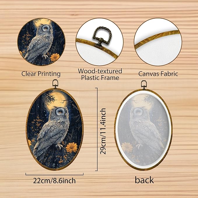 Hiuwevt Moonlight Floral Owl Oval Wall Art Decor, Dark Academia Cottagecore Framed Canvas Prints, Whimsical Gothic Owl Oval Wall Hanging Decor for Home Bedroom Decorations, 8.6x11.4 Inches