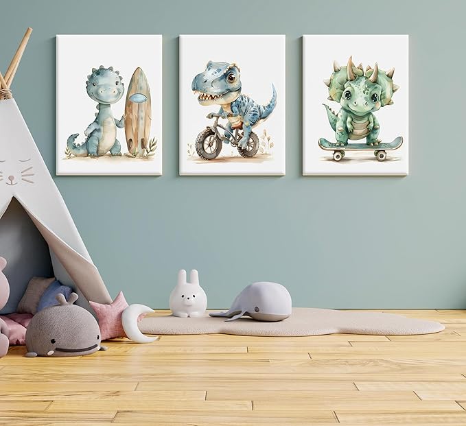 Funny Dinosaur Nursery Canvas Wall Art Surfing Skateboard Riding Dinosaur Painting Picture Wall Decor Sport Nursery dinosaur Print Artwork Poster Print Artwork for Boys Room Girls Room Home Decoration