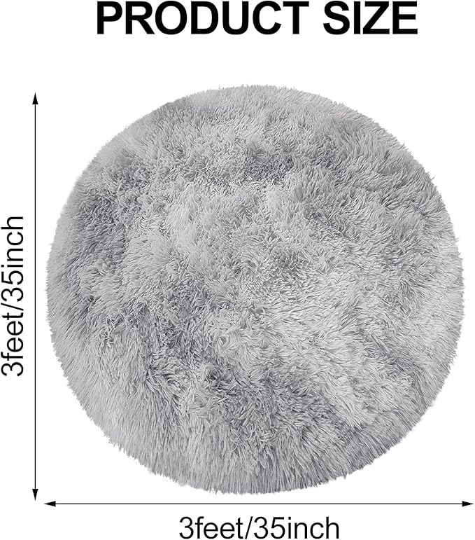 3 ft Small Grey Round Rug for Bedroom,Tie Dyed Soft Shaggy Circle Rug Fluffy Plush Gray Round Carpet for Kids Girls Boys Room Baby Nursery Living Room Playroom Home Decor
