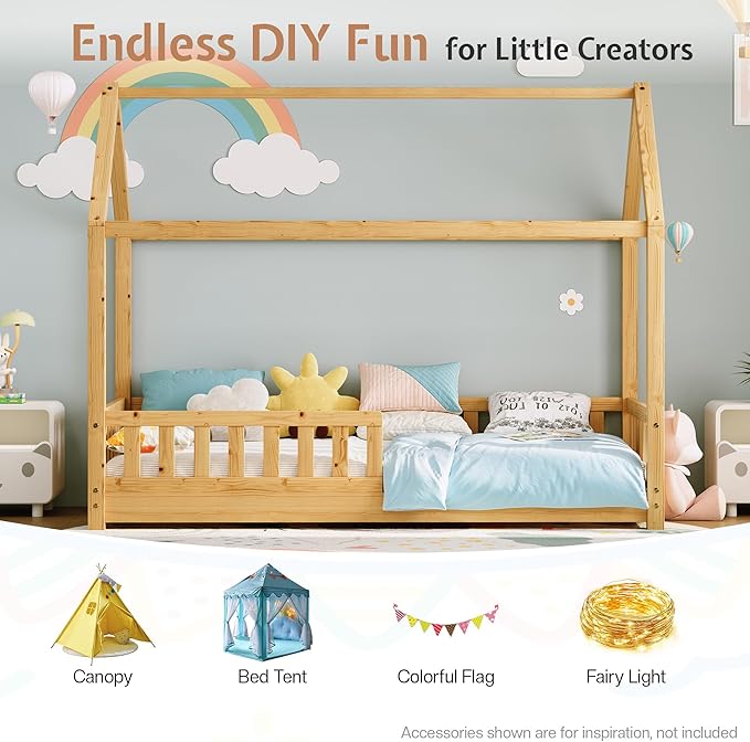 Jocisland Twin Size House Bed for Kids, Montessori Wooden Floor Bed Frame with Guardrails, Removable Rails, Playhouse Roof, Easy Assembly, Toddler Floor Bed for Boys & Girls, Natural Wood