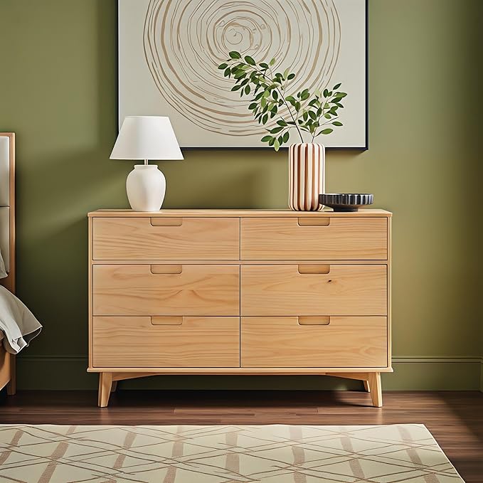Walker Edison Sloane 6-Drawer Groove Handle Solid Wood Dresser, 52 Inch, Natural Pine