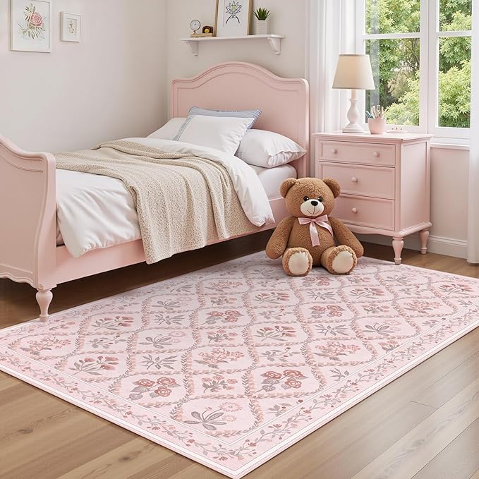 3x5 Nursery Rug, Boho Pink Floral Area Rugs Machine Washable, Soft Ultra-Thin Low-Pile Carpet Non Slip for Girls Room Bedroom Entryway Playroom Living Room, Pink Multi