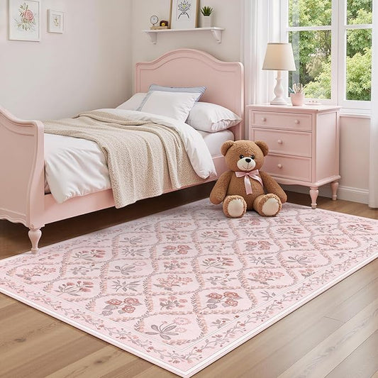 3x5 Nursery Rug, Boho Pink Floral Area Rugs Machine Washable, Soft Ultra-Thin Low-Pile Carpet Non Slip for Girls Room Bedroom Entryway Playroom Living Room, Pink Multi