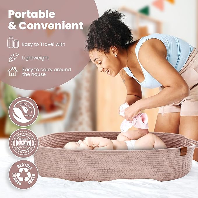 PeraBella XL Baby Changing Basket for Dresser Top, Moses Baskets for Newborn, Portable Baby Diaper Changing Pad Table Topper for Dresser, Moses Bassinet Mat with Waterproof Pad Cover and Diaper Caddy
