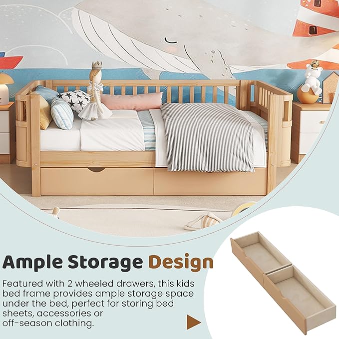 Twin Bed Frame with Rails for Kids, Wood Montessori Bed Twin with 2 Storage Drawers &Slats Support, Modern Daybed with Removable Bed Rails for Girls Boys Bedroom Living Room, Natural