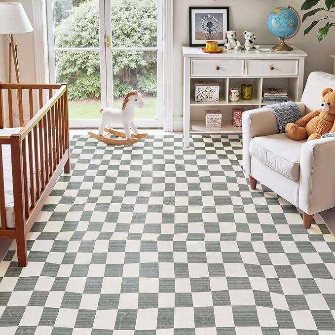 jinchan 6x9 Checkered Area Rugs for Kids Room - Machine Washable Soft Rug Modern Geometric Lattice Non-Slip Carpet for Nursery Playroom Classroom Living Room Bedroom Dining Room Home Office Grey