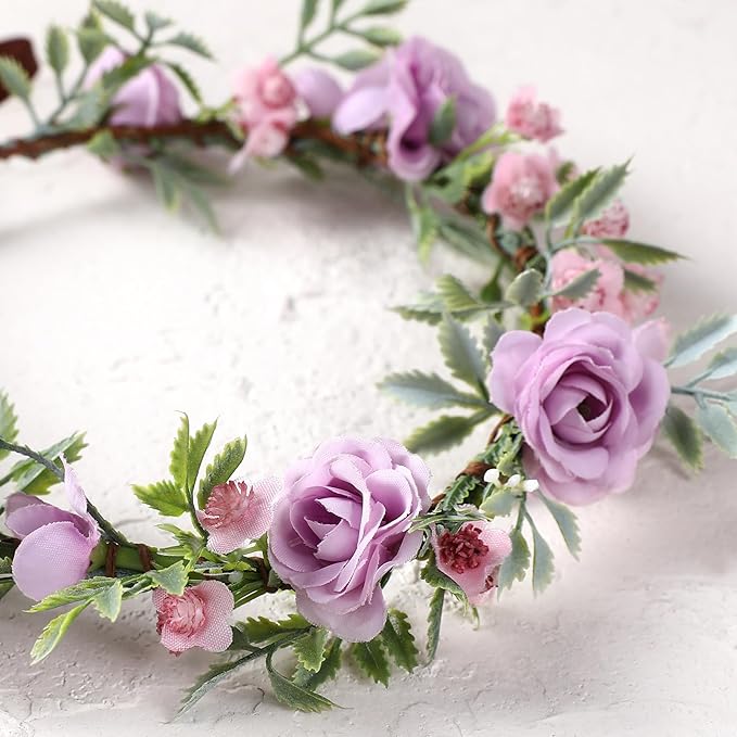Purple Flower Crown - Traditional Round Rose Headband Elegant Headpiece Purple Flowers And Green Leaves Accessories Renaissance Festival Birthday Party Headband Wedding Shoot