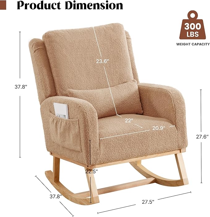 Rocking Chair Nursery, Nursing Rocking Chairs, Upholstered Nursery Glider Rocker Wingback Morden Rocking Chair with Lumbar Pillow for Mom Nursery, Living Room, Bedroom, Teddy Khaki
