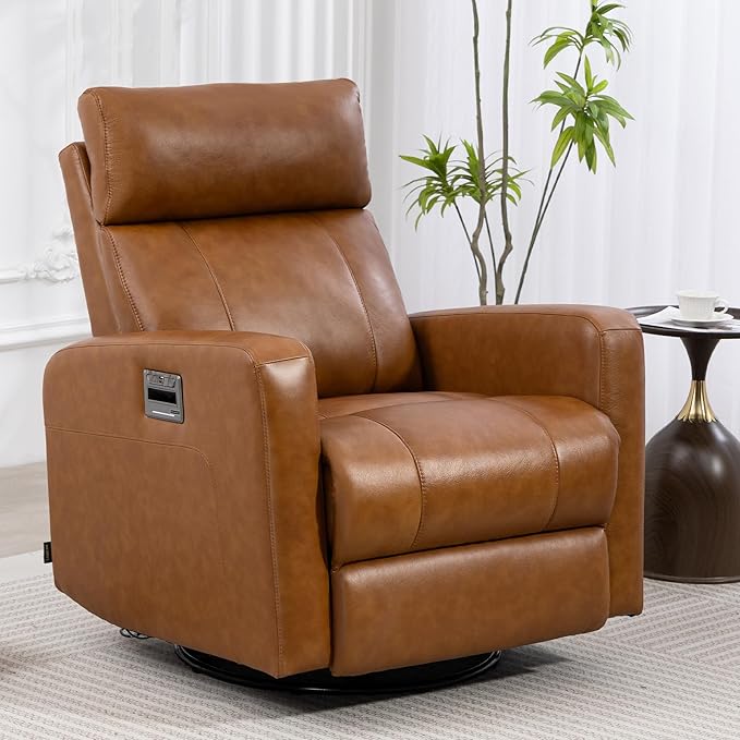 Genuine Leather Power Swivel Recliner Chair, Glider Electric Rocking Chair for Adults. Nursery Rocker Sofa Chair with Adjustable Headrest for Living Room. Wireless Charging/Type-C&USB, Brown