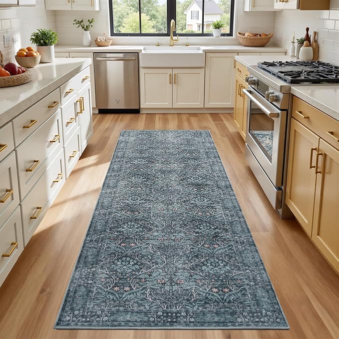 Retro Green Runners for Hallways,2x6 Washable Kitchen Runner Rug，Vintage Soft Low Pile Long Carpet for Kids Room Non-Slip Stain Resistant Runner for Bathroom Hall Kitchen Office Stair