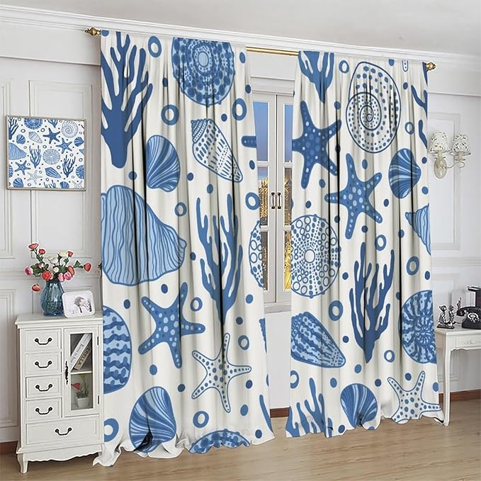 Coastal Nautical Curtains,Coral Starfish Seashell Beach Sea Starfish Seashell Theme Pattern Blackout Print Bedroom Living Room Window Treatmen 10 Panel Set 42x54 Inch
