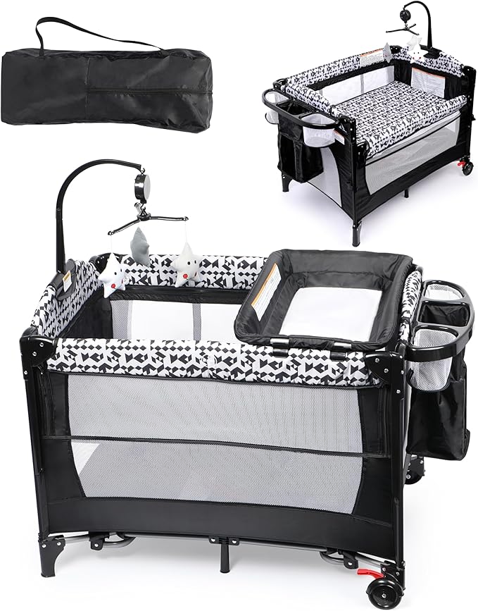 Xilingol 5-in-1 Baby Bassinet Bedside Sleeper, Portable Toddler Crib with Diaper Changing Station, Carry Bag, Cosleeper Bassinet Attach to Bed for Newborn to Toddlers