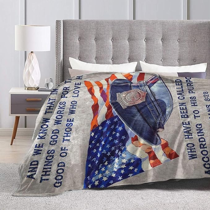 Policeman Blanket Police Officer Throw Blanket Super Soft Flannel Lightweight Fluffy Plush Fuzzy Fleece Police Academy Graduation Blanket Gifts for Man Woman Prayer for Bed Sofa Bedding 50"X60"