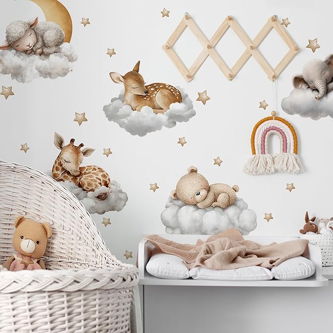 Sleeping Animals Wall Decals,Dreamy Clouds & Star Theme Art Wall Sticker Decors,Peel and Stick Elephants, Bears, Deer Decals for Kids Bedroom Nursery Playroom Library Living Room and Bedroom Decor